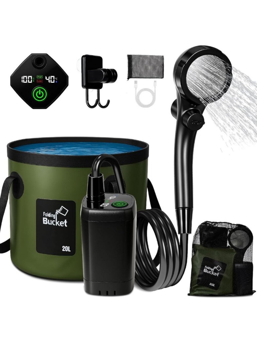 Portable Camping Shower Kit - 6000mAh Rechargeable Pump, Foldable Bucket